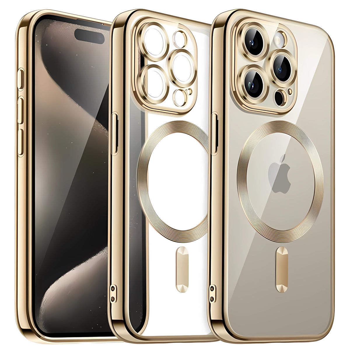 Protective Case Bervolo® MagSafe, Compatible with iPhone 16 Pro Max, Transparent, Anti-Yellowing, Shock-Resistant, Scratch-Resistant, Reinforced Edges, Gold