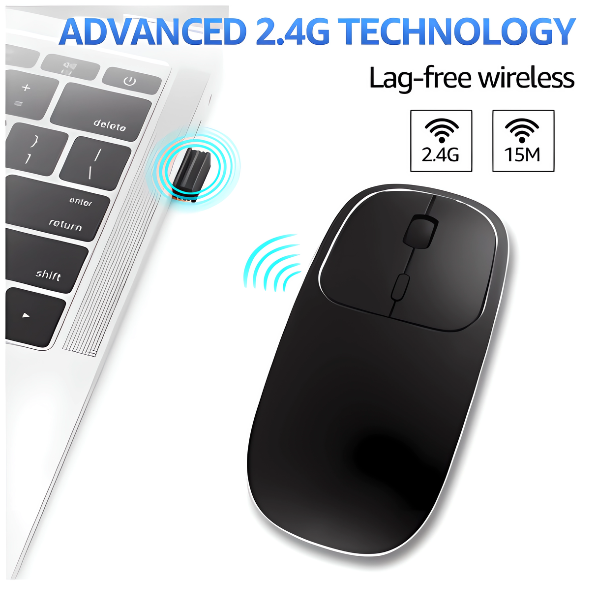 Mouse Dual Wireless Bervolo® Metal X, USB și Bluetooth 5.1, Reîncărcabil, Windows, Mac, Android, Baterie 600mAh, DPI Reglabil 800/1200/1600, Negru