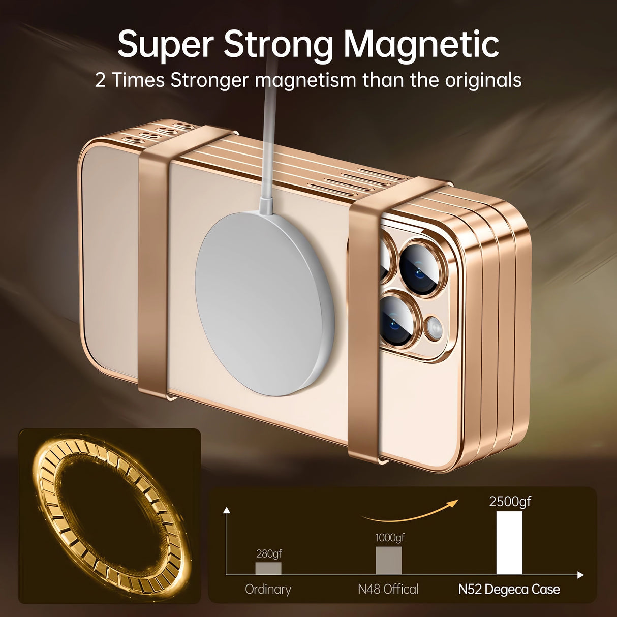 Protective Case Bervolo® MagSafe, Compatible with iPhone 16 Pro Max, Transparent, Anti-Yellowing, Shock-Resistant, Scratch-Resistant, Reinforced Edges, Gold