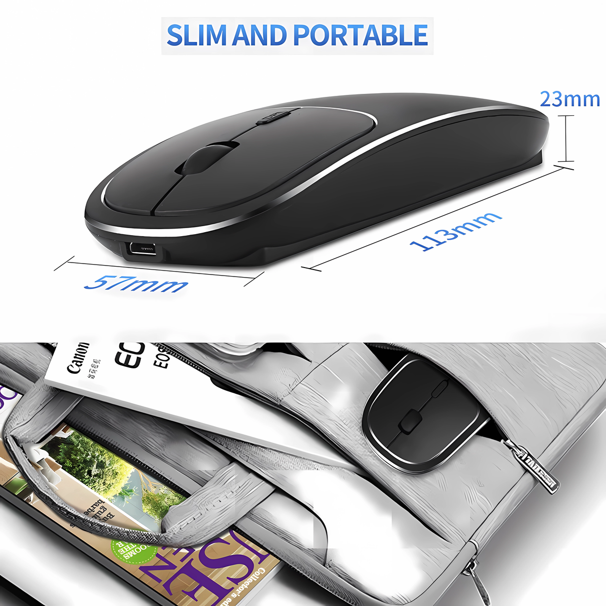 Mouse Dual Wireless Bervolo® Metal X, USB și Bluetooth 5.1, Reîncărcabil, Windows, Mac, Android, Baterie 600mAh, DPI Reglabil 800/1200/1600, Negru