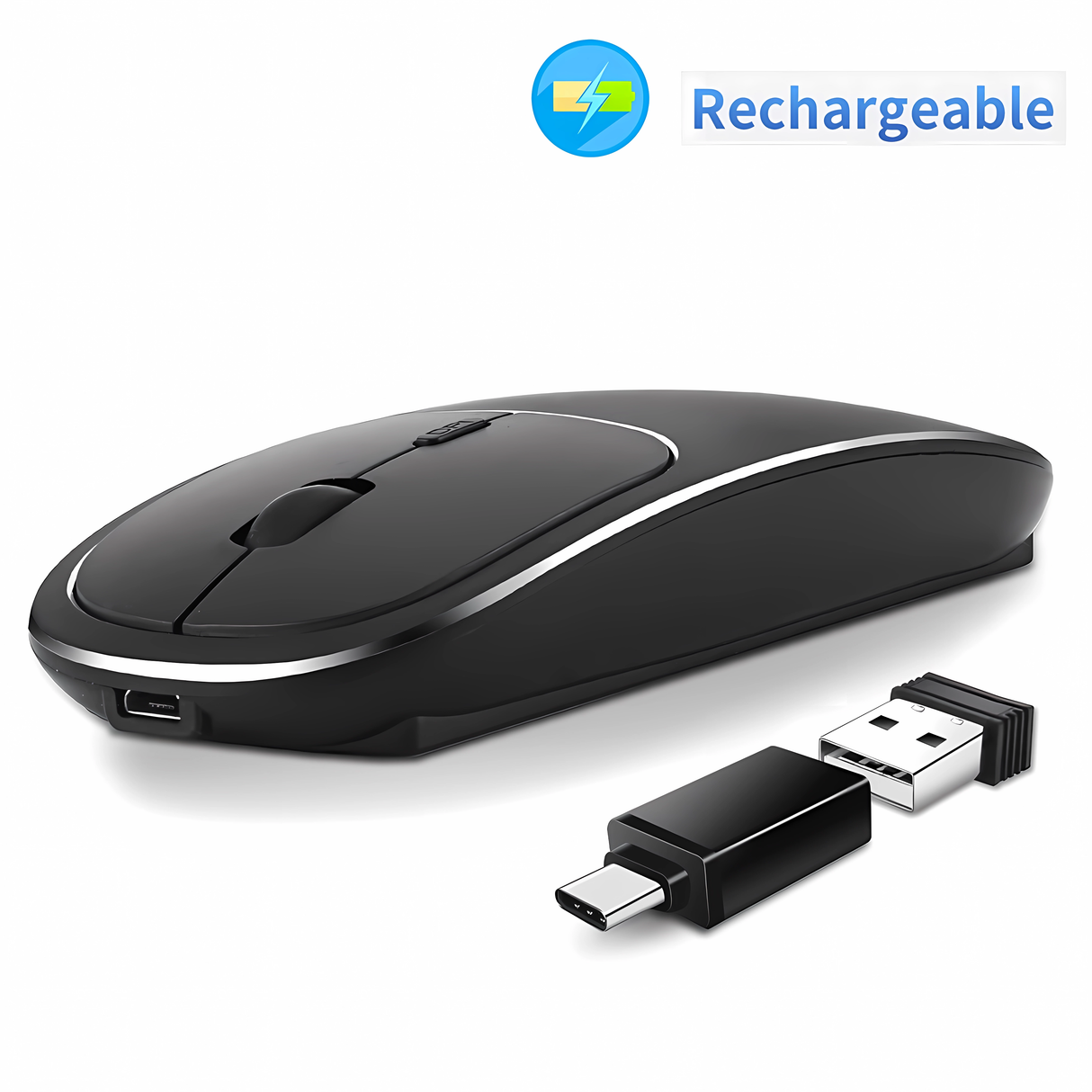 Mouse Dual Wireless Bervolo® Metal X, USB și Bluetooth 5.1, Reîncărcabil, Windows, Mac, Android, Baterie 600mAh, DPI Reglabil 800/1200/1600, Negru