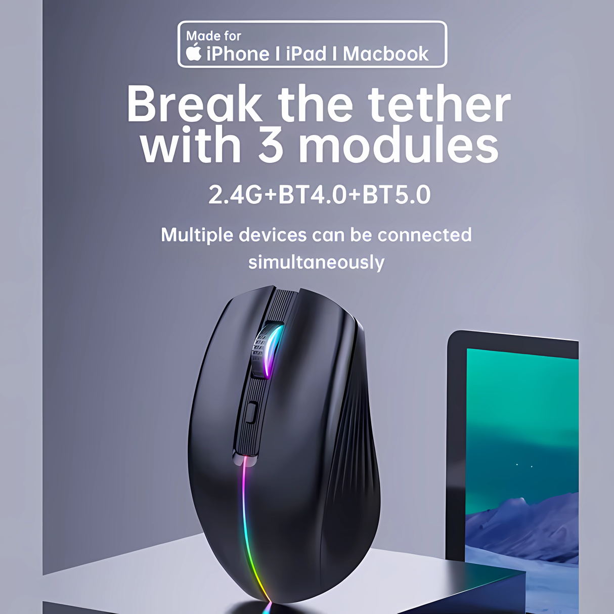 Mouse Wireless Bervolo® Nexus Pro, Conectivitate Simultana la 3 Dispozitive, DPI Ajustabil, Iluminare RGB, Reincarcabil USB Type-C, Silent Click, Ergonomic, Negru