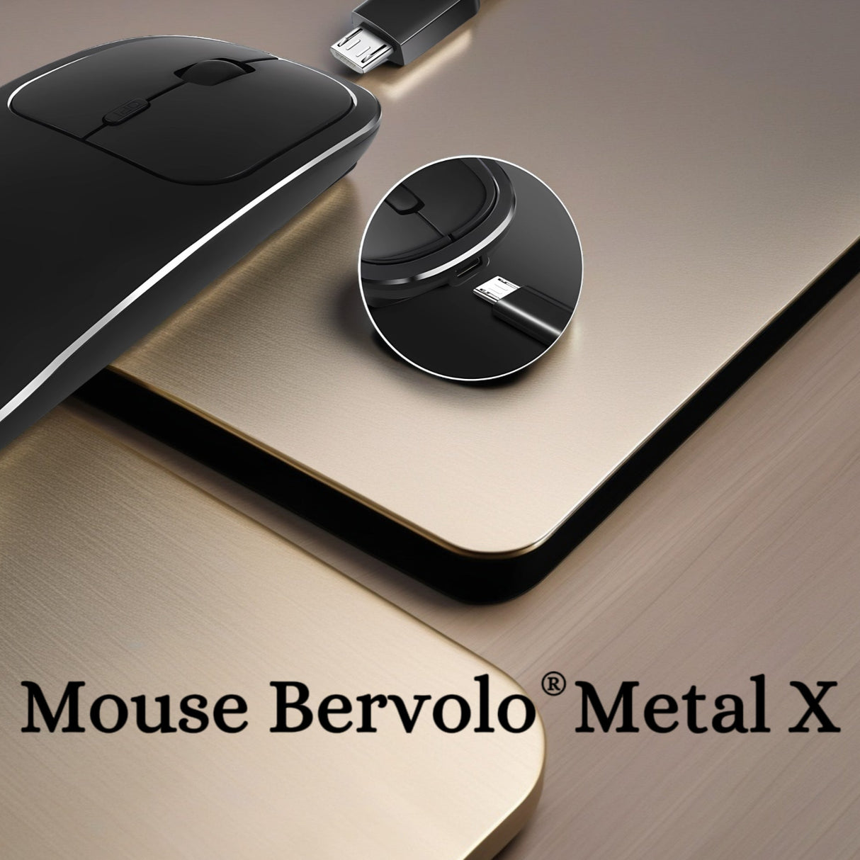 Mouse Dual Wireless Bervolo® Metal X, USB și Bluetooth 5.1, Reîncărcabil, Windows, Mac, Android, Baterie 600mAh, DPI Reglabil 800/1200/1600, Negru