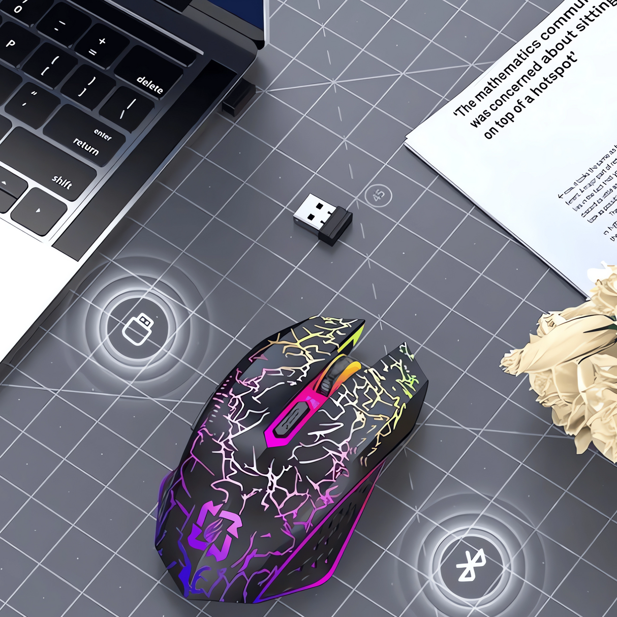 Mouse Gaming Wireless Bervolo® Spider, Dual Mode Bluetooth 5.2 & 2.4GHz, RGB, 6 Butoane Silențioase, DPI 1600, Reîncărcabil Type-C, Compatibil Windows, MacOS, Linux, Ergonomic, Negru