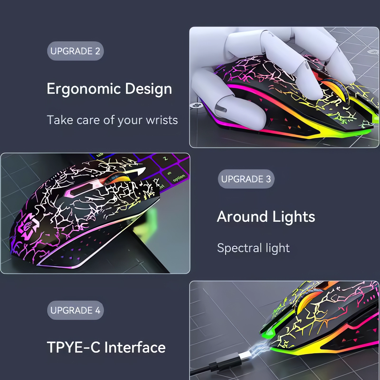 Mouse Gaming Wireless Bervolo® Spider, Dual Mode Bluetooth 5.2 & 2.4GHz, RGB, 6 Butoane Silențioase, DPI 1600, Reîncărcabil Type-C, Compatibil Windows, MacOS, Linux, Ergonomic, Negru