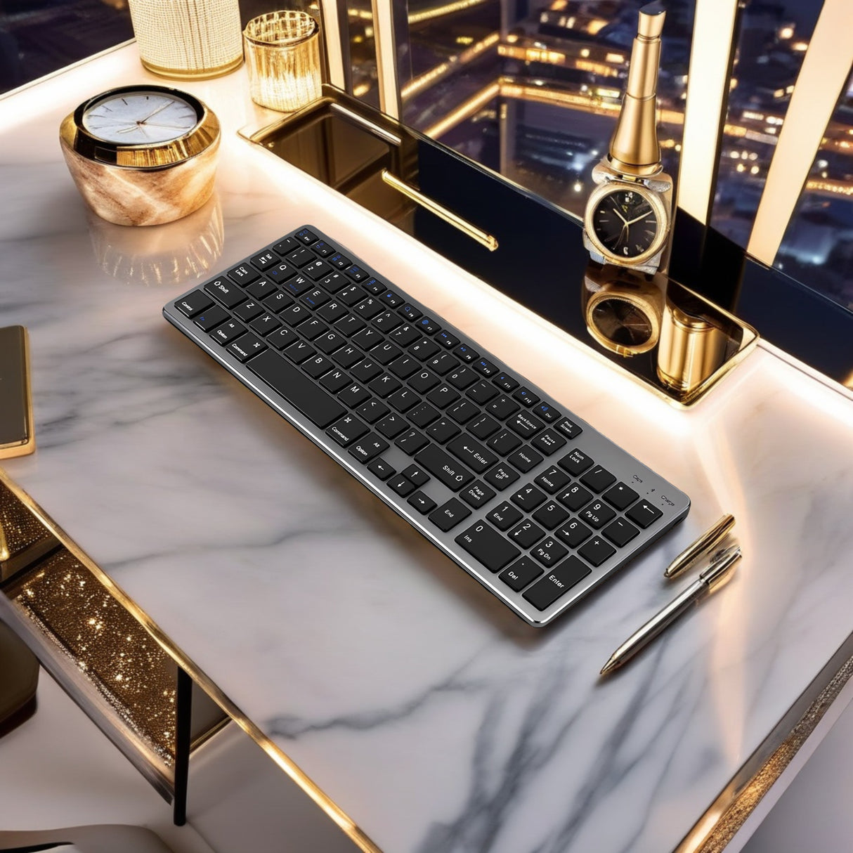 Tastatură Bluetooth Reîncărcabilă Bervolo® – Scissor Switch, Taste Multimedia, Compatibilitate Universală, Windows/Mac/iOS/Android, Gri/Negru