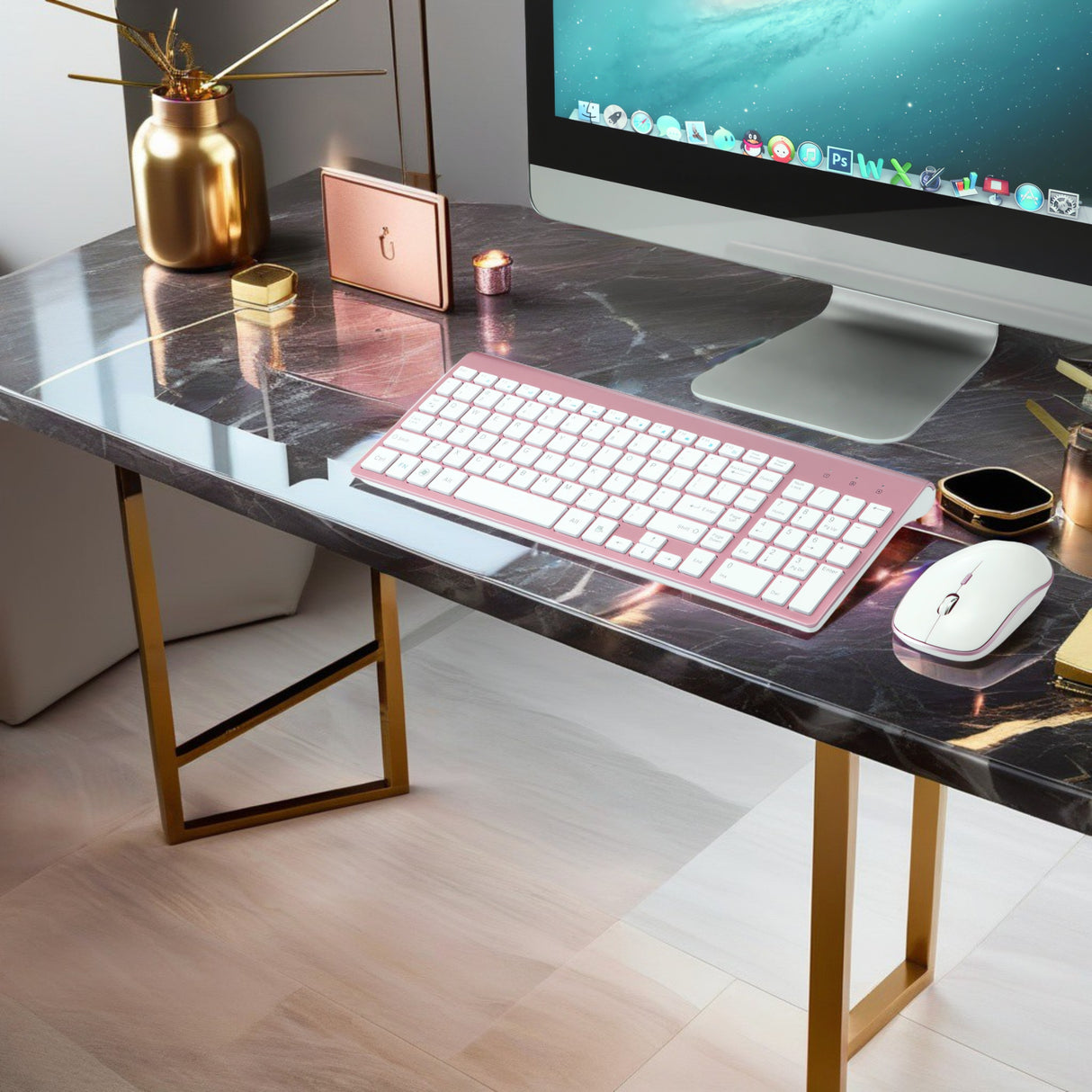 Set Universal Combo Tastatură și Mouse Premium Bervolo®, Wireless 2.4G, Click Scissor Switch, Versiune US, Rose Gold