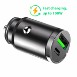 Bervolo® 100W Car Charger, Fast Charging, 1 x USB & 1 x USB-C, Compatible with iPhone, Xiaomi, Samsung, Huawei, Black