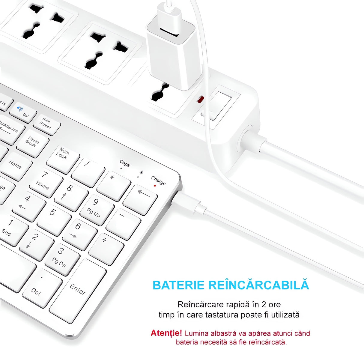 Tastatură Bluetooth Reîncărcabilă Bervolo®, Scissor Switch, Taste Multimedia, Compatibilitate Universală, Windows/Mac/iOS/Android, Silver