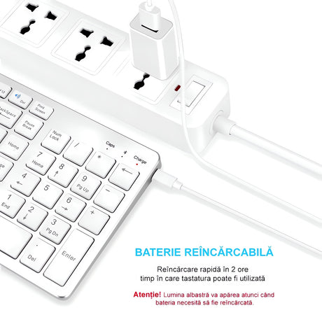 Tastatură Bluetooth Reîncărcabilă Bervolo®, Scissor Switch, Taste Multimedia, Compatibilitate Universală, Windows/Mac/iOS/Android, Silver