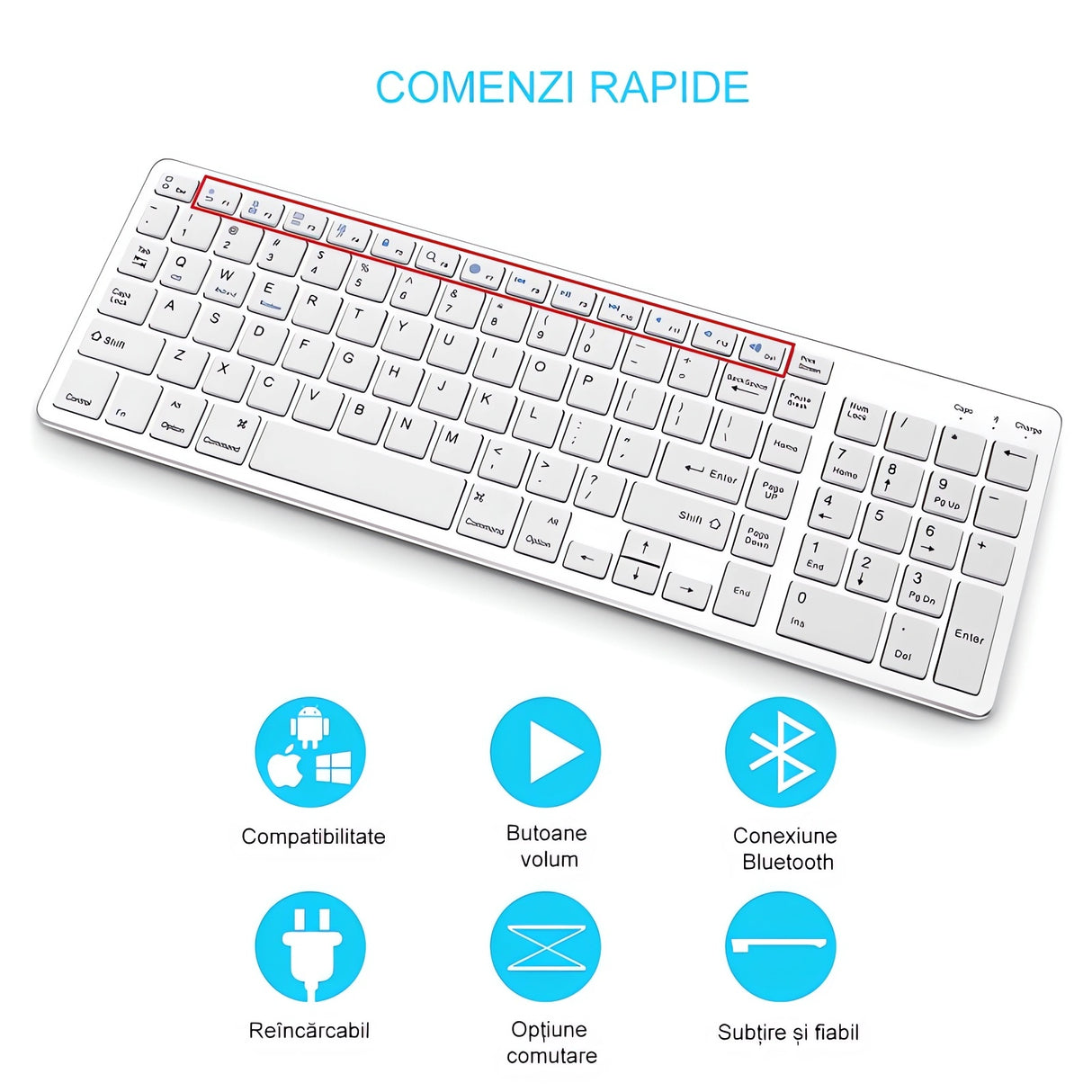 Tastatură Bluetooth Reîncărcabilă Bervolo®, Scissor Switch, Taste Multimedia, Compatibilitate Universală, Windows/Mac/iOS/Android, Silver