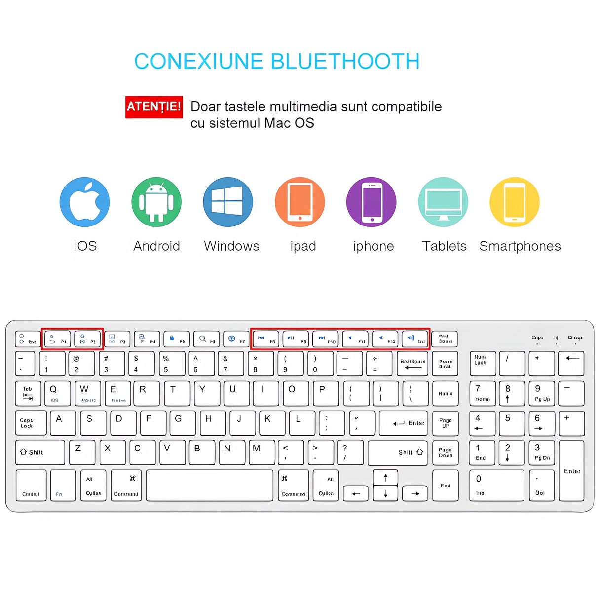 Tastatură Bluetooth Reîncărcabilă Bervolo®, Scissor Switch, Taste Multimedia, Compatibilitate Universală, Windows/Mac/iOS/Android, Silver