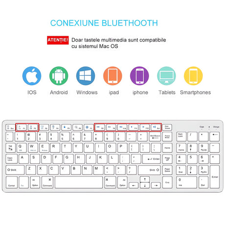 Tastatură Bluetooth Reîncărcabilă Bervolo®, Scissor Switch, Taste Multimedia, Compatibilitate Universală, Windows/Mac/iOS/Android, Silver