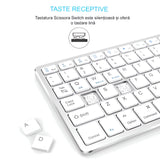 Tastatură Bluetooth Reîncărcabilă Bervolo®, Scissor Switch, Taste Multimedia, Compatibilitate Universală, Windows/Mac/iOS/Android, Silver