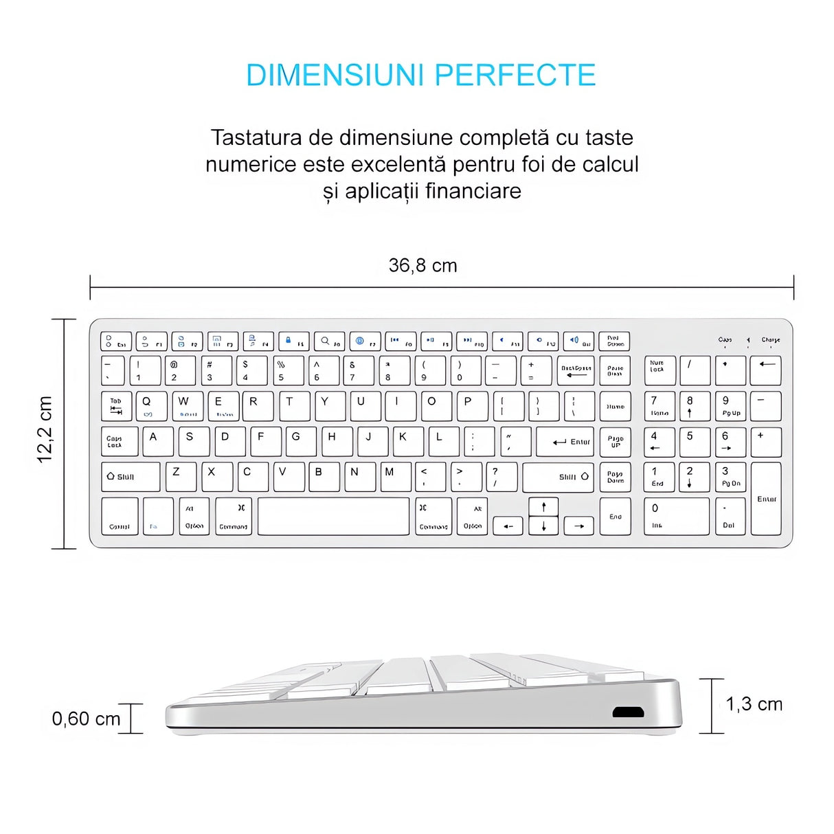 Tastatură Bluetooth Reîncărcabilă Bervolo®, Scissor Switch, Taste Multimedia, Compatibilitate Universală, Windows/Mac/iOS/Android, Silver