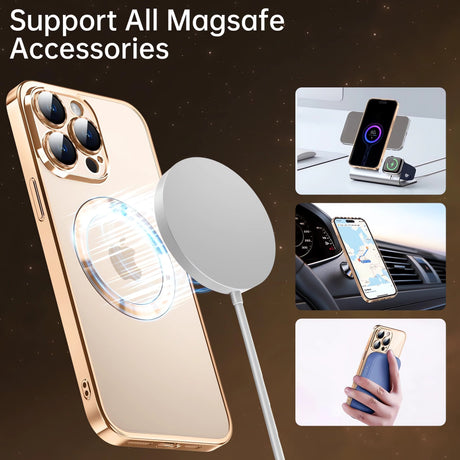 Protective Case Bervolo® MagSafe, Compatible with iPhone 16 Pro Max, Transparent, Anti-Yellowing, Shock-Resistant, Scratch-Resistant, Reinforced Edges, Gold