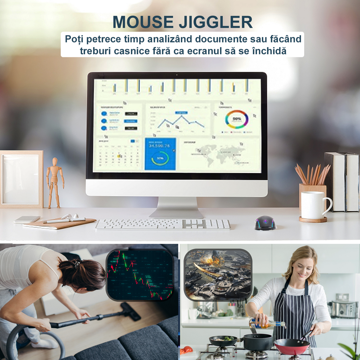 Mouse Jiggler Office Bervolo® – Simulează Mișcarea Cursorului, Nedetectabil, RGB, Plug & Play, Negru