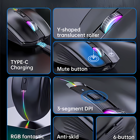  Mouse Wireless Bervolo® Nexus Pro, Conectivitate Simultana la 3 Dispozitive, DPI Ajustabil, Iluminare RGB, Reincarcabil USB Type-C, Silent Click, Ergonomic, Negru