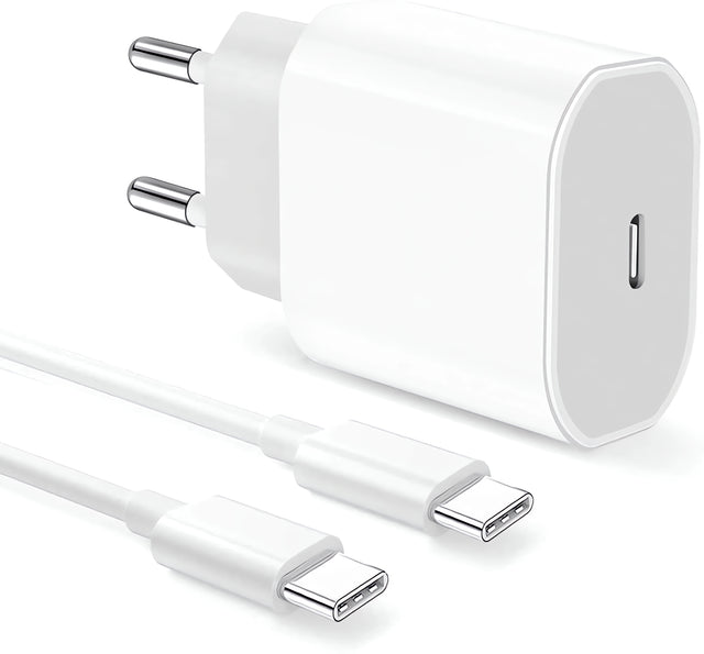 Bervolo® USB-C Wall Charger, Compatible with iPhone 15/16, Samsung, Huawei, Google Pixel, Oppo, Fast Charge 20W, Super Fast Charge Adapter, Travel Package, 1 M Cable, White