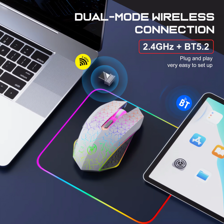 Bervolo® Spider Mouse Wireless de Gaming, Dual Mode Bluetooth 5.2 & 2.4GHz, RGB, 6 Butoane Silențioase, DPI 1600, Reîncărcabil Type-C, Compatibil Windows, macOS, Linux, Ergonomic, Alb