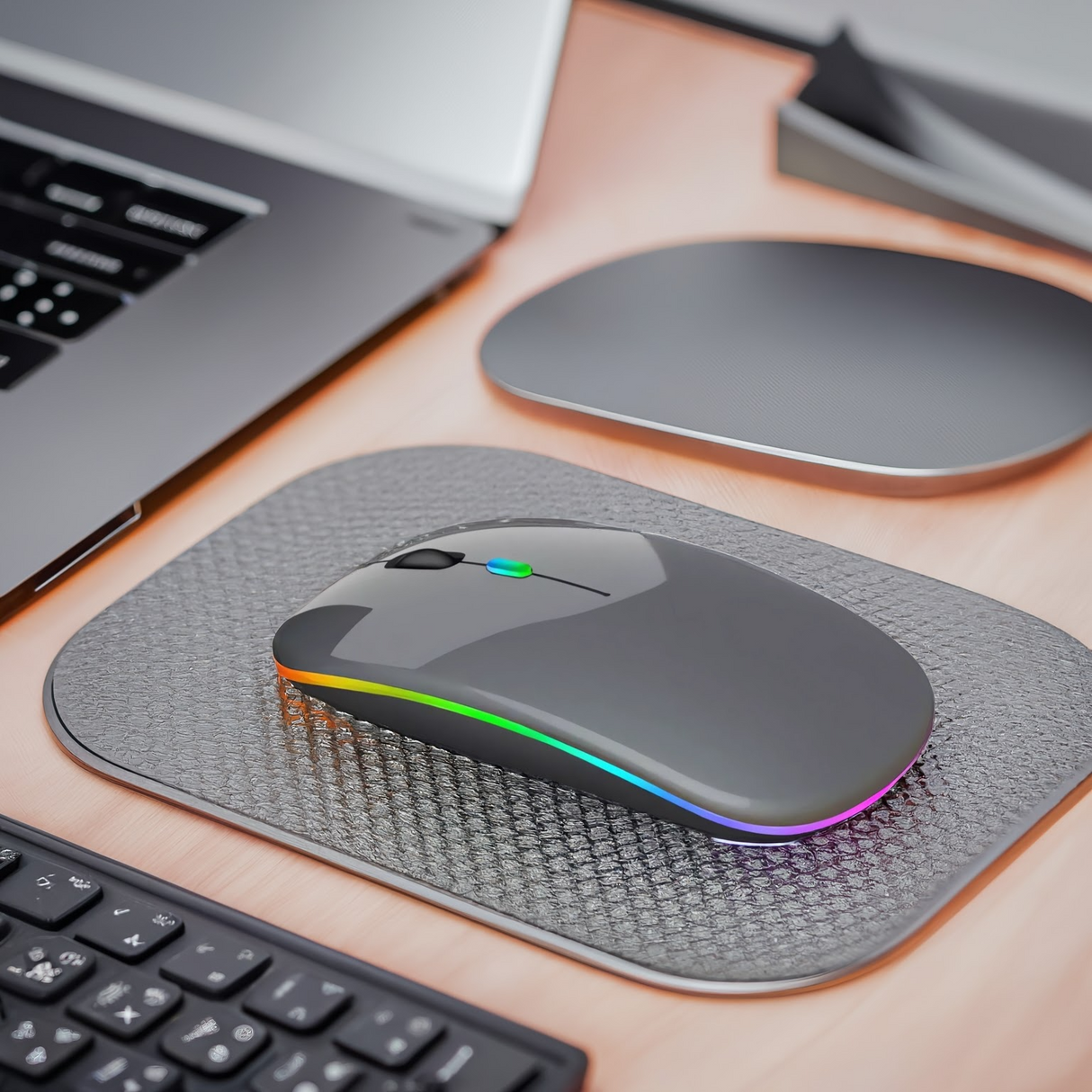 Mouse Bervolo® RGB, Dual Wireless USB și Bluetooth, Ultra-Subțire, Click Silențios, Baterie Reîncărcabilă, Lumini Colorate, 800, 1200, 1600 DPI Reglabil, Space Gray