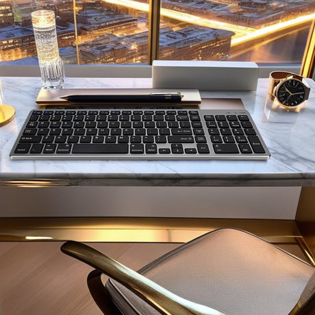 Tastatură Bluetooth Reîncărcabilă Bervolo® – Scissor Switch, Taste Multimedia, Compatibilitate Universală, Windows/Mac/iOS/Android, Gri/Negru