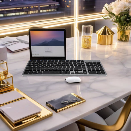 Tastatură Bluetooth Reîncărcabilă Bervolo® – Scissor Switch, Taste Multimedia, Compatibilitate Universală, Windows/Mac/iOS/Android, Gri/Negru