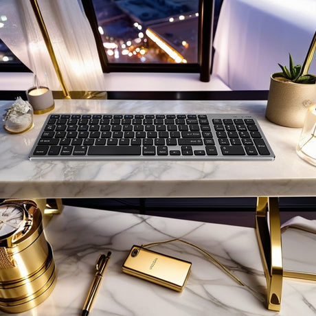 Tastatură Bluetooth Reîncărcabilă Bervolo® – Scissor Switch, Taste Multimedia, Compatibilitate Universală, Windows/Mac/iOS/Android, Gri/Negru