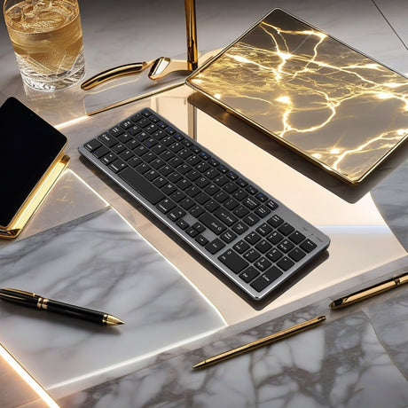 Tastatură Bluetooth Reîncărcabilă Bervolo® – Scissor Switch, Taste Multimedia, Compatibilitate Universală, Windows/Mac/iOS/Android, Gri/Negru