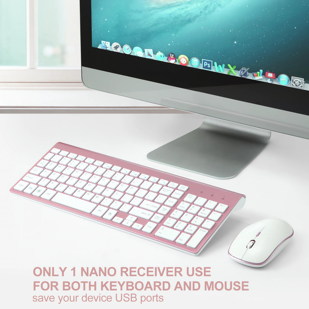 Set Universal Combo Tastatură și Mouse Premium Bervolo®, Wireless 2.4G, Click Scissor Switch, Versiune US, Rose Gold